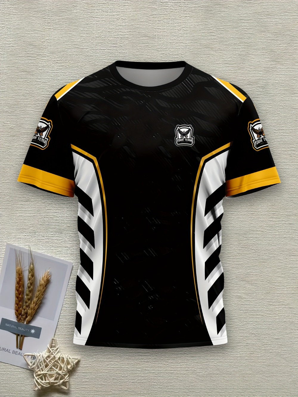 Esports Gaming Logo - เสื้อยืดทีมกีฬาอีสปอร์ตสำหรับผู้ชาย สีดำ-ทอง-ขาว ลายพิมพ์ 3D แบบซับลิเมชัน ลายเรขาคณิต