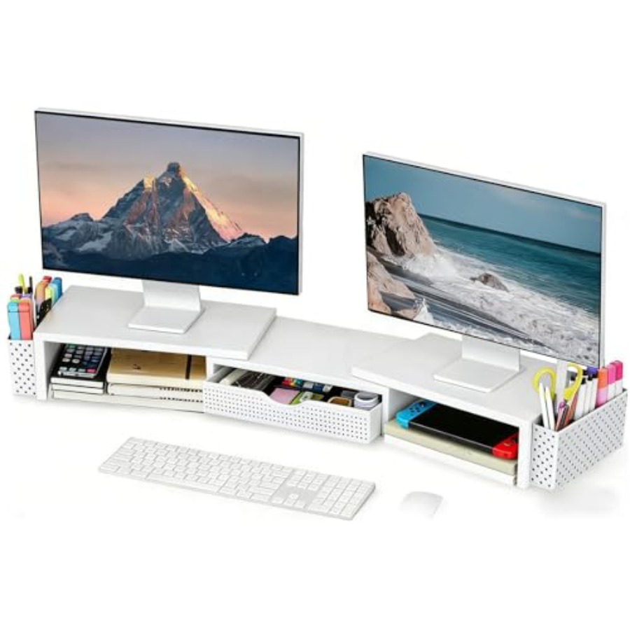 Dual Monitor Stand - อุปกรณ์จัดระเบียบโต๊ะทำงานโลหะและอุปกรณ์เสริม, แท่นวางจอภาพคู่พร้อมลิ้นชักและที่ใส่ปากกา 2 ชิ้น, อุปกรณ์เสริมสำหรับโต๊ะทำงานและพื้นที่ทำงาน