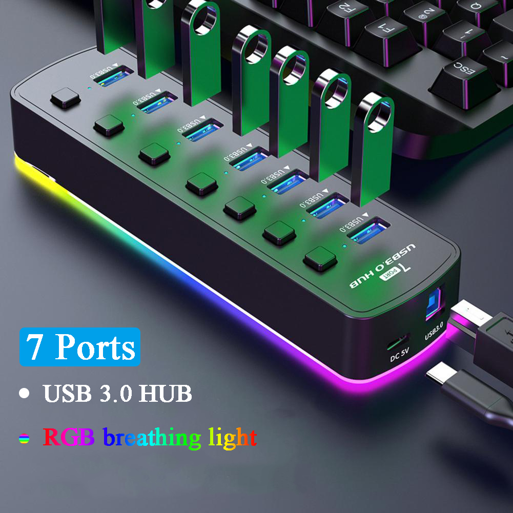 RGB USB 3.0 Hub 7 พอร์ตอะแดปเต - Esports Gaming Splitter บทวิจารณ์และราคา
