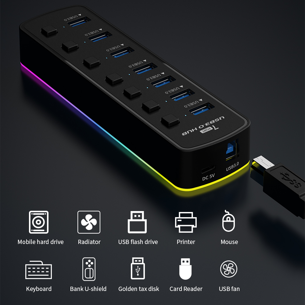 RGB USB 3.0 Hub 7 พอร์ตอะแดปเต - Esports Gaming Splitter บทวิจารณ์และราคา